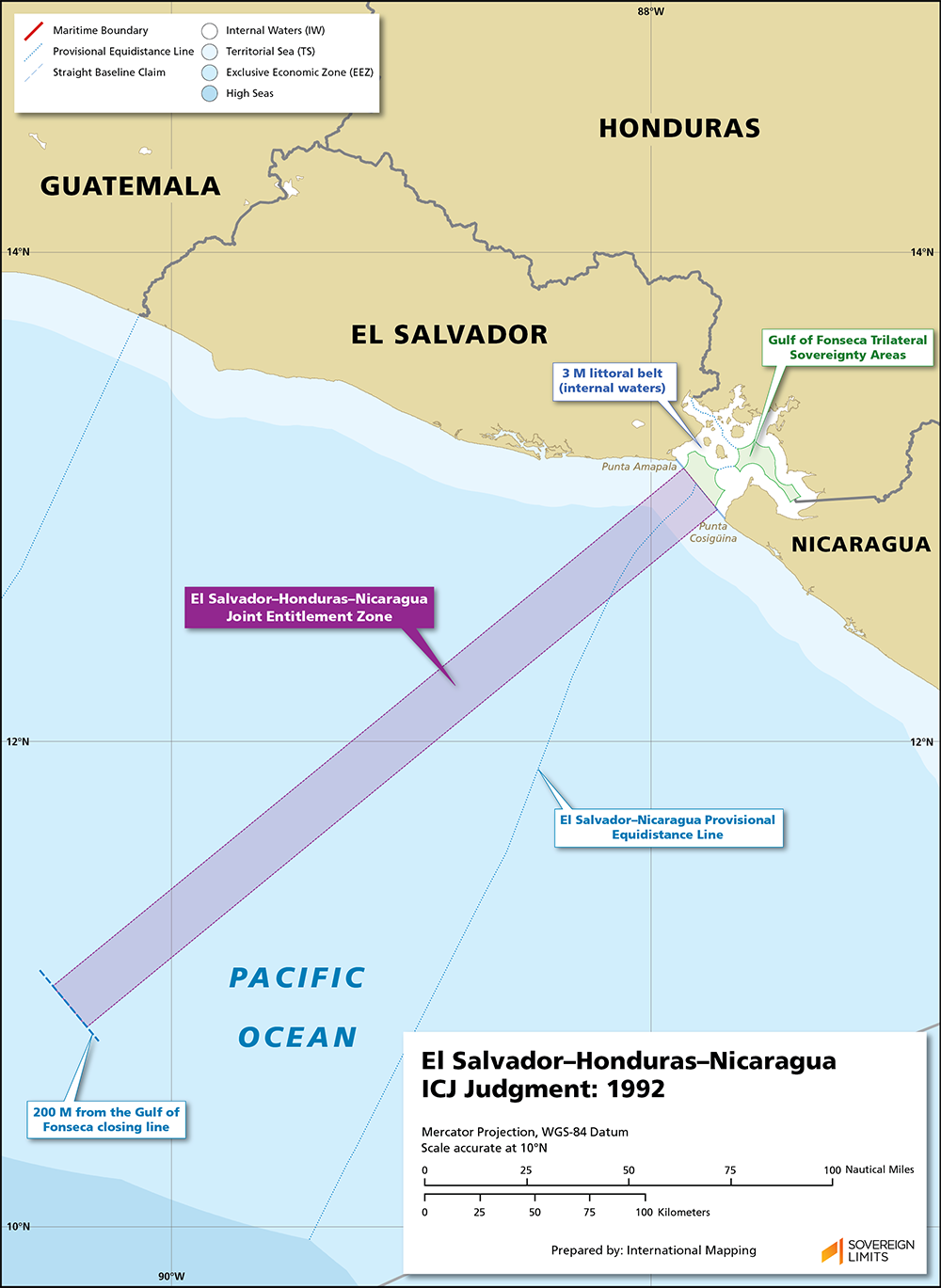 Map showing the maritime boundary between El Salvador, Honduras and Nicaragua