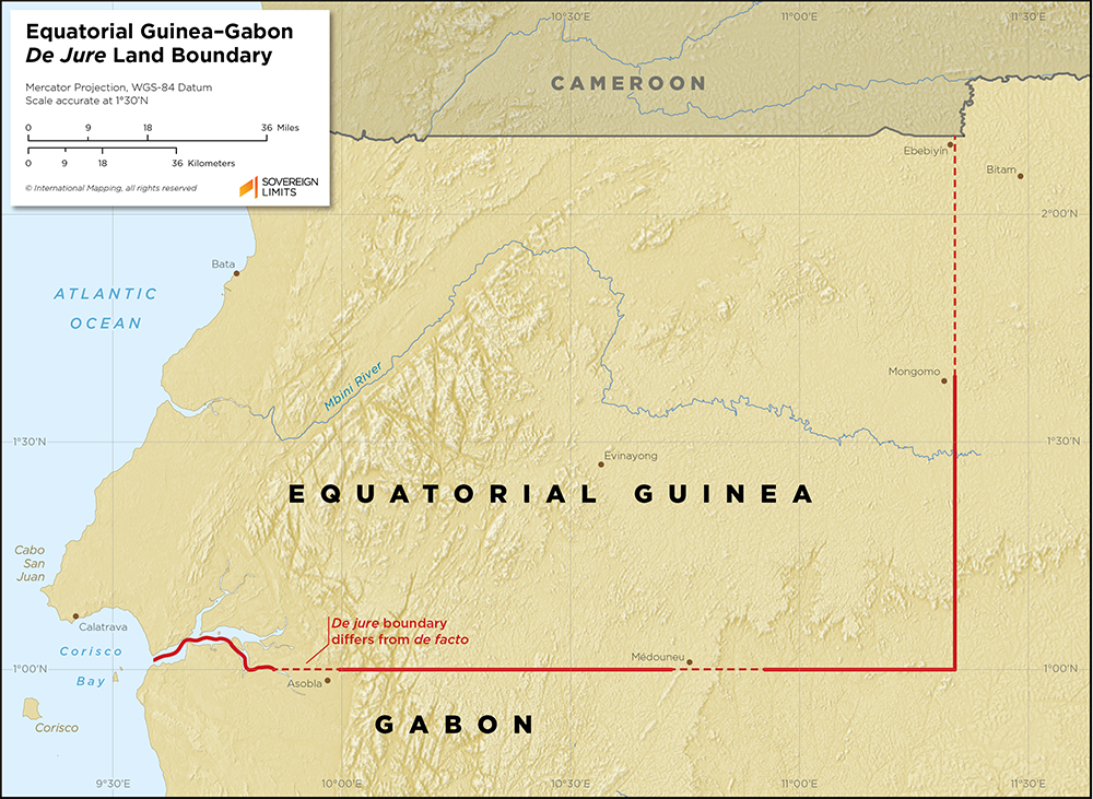 Map showing the land boundary between Gabon and Equatorial Guinea