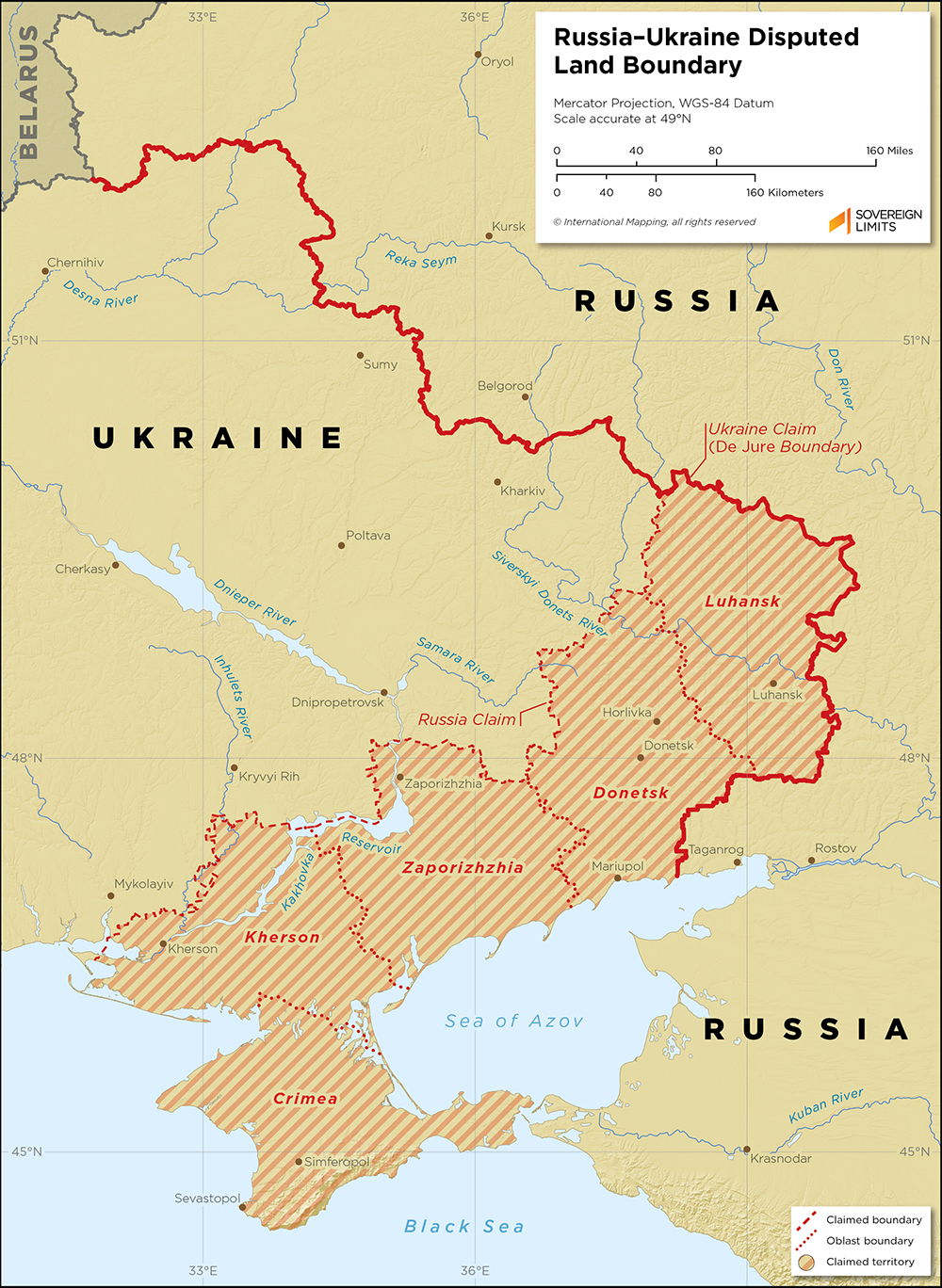 Map showing the land boundary between Russia and Ukraine
