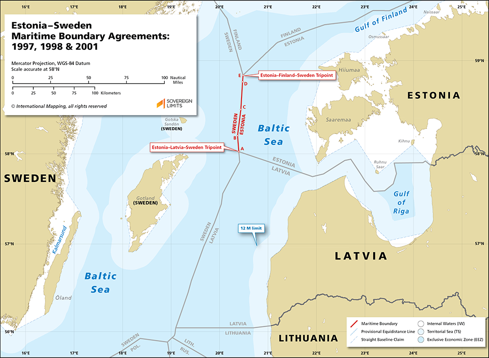 Map showing the maritime boundary between Estonia and Sweden