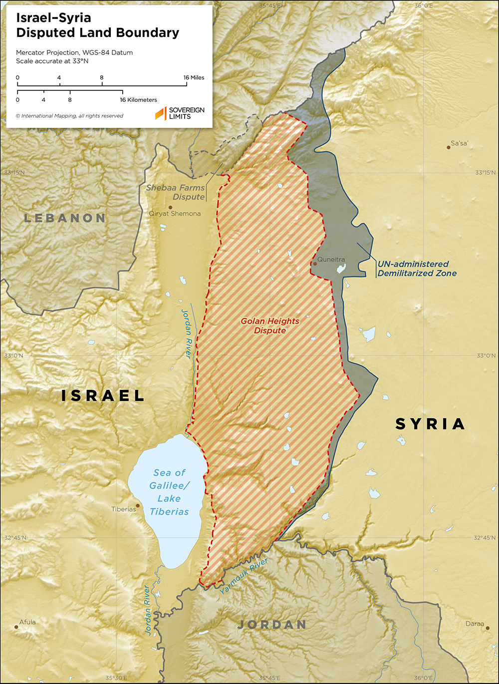 Map showing the land boundary between Israel and Syria