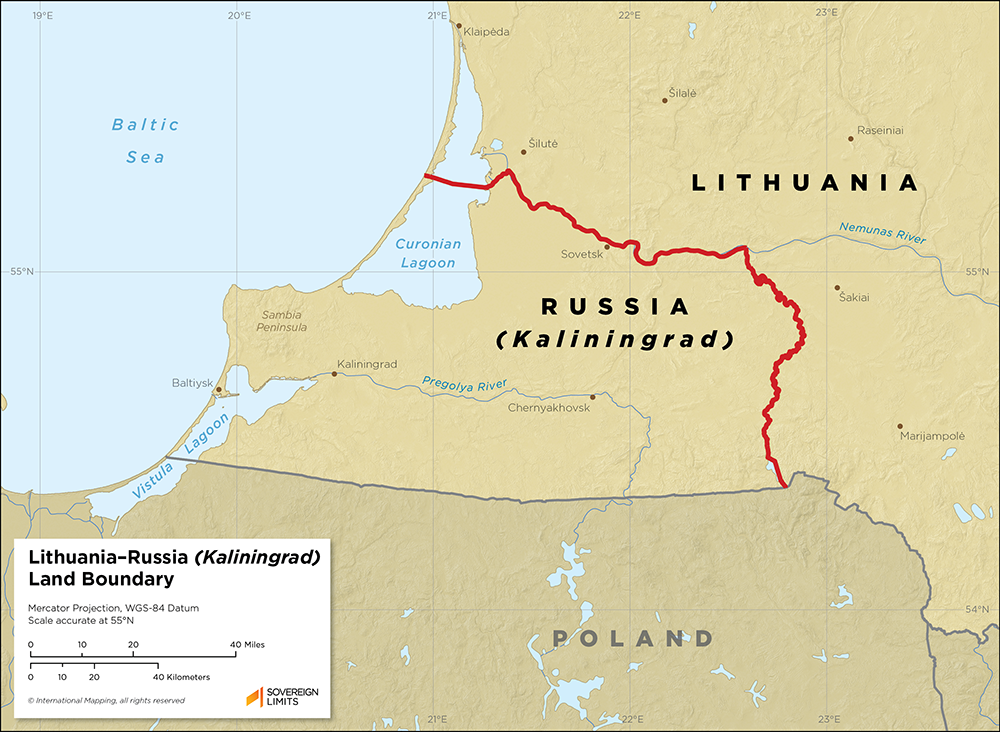 Map showing the land boundary between Lithuania and Russia