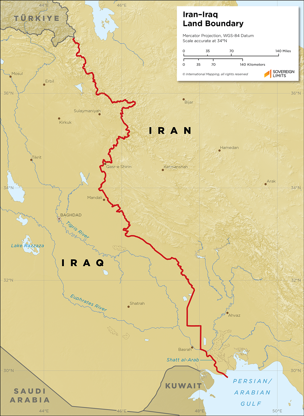 Map showing the land boundary between Iran and Iraq