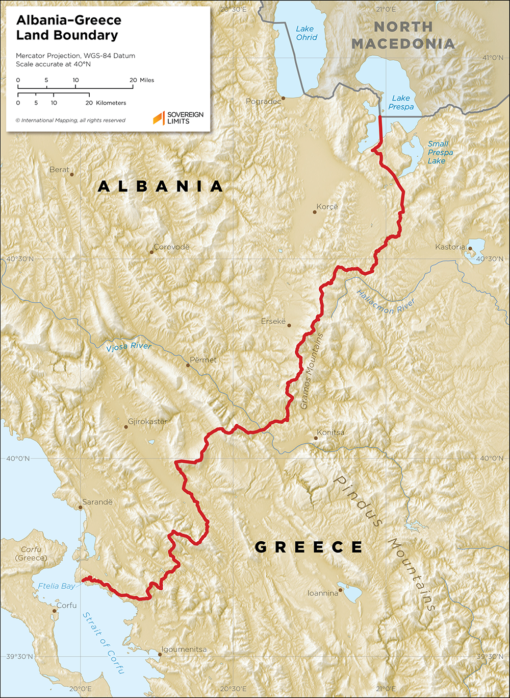 Map showing the land boundary between Albania and Greece